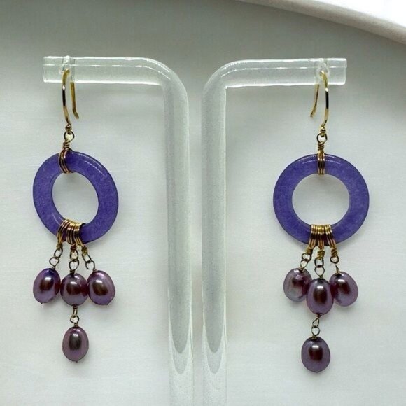 14K Gold Lavender Jade Pearl Ross Simons Earrings Dangle Drop Purple Beautiful - Picture 1 of 8
